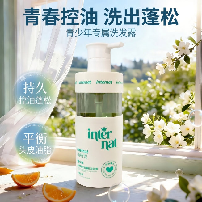 [主图 1] 茶多酚控油蓬松洗发露品牌调性首图，参考风格为：青春清新自然窗景氛围感，搭配鲜花水果点缀，通透自然光感。
[氛围风格] 青春清新，自然氛围感，通透阳光感，和参考图风格一致
[画质] 商业摄预览效果