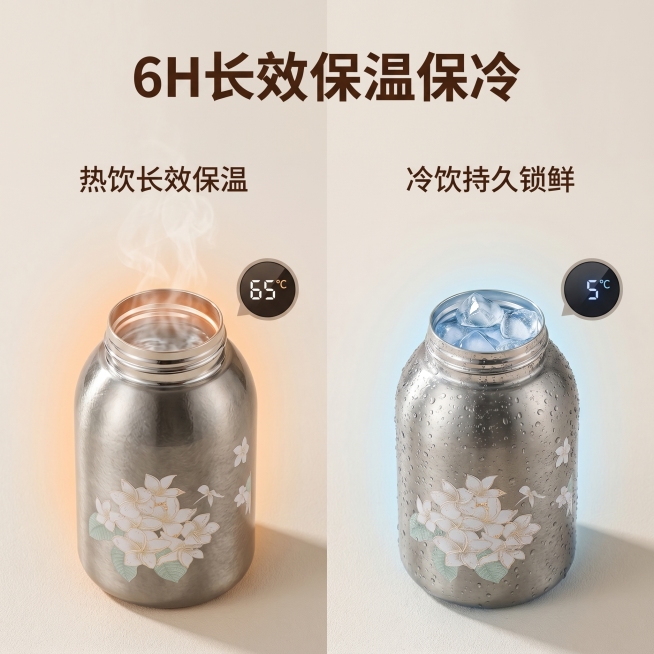 [主图 6] 保温保冷性能展示。氛围风格：清新雅致治愈风，简约温馨。画质：商业摄影质感，光线柔和通透，产品清晰真实，画面干净高级。元素：左侧展示6小时后保温杯内冒着热气的热水，右侧展示6小时后保温杯内预览效果