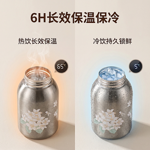 [主图 6] 保温保冷性能展示。氛围风格：清新雅致治愈风，简约温馨。画质：商业摄影质感，光线柔和通透，产品清晰真实，画面干净高级。元素：左侧展示6小时后保温杯内冒着热气的热水，右侧展示6小时后保温杯内加冰块依旧保持冰凉的对比场景，纯钛保温杯分别放置在两侧，背景为浅米色拼接。保持产品外观与输入产品图绝对一致，杜绝变形色差。光影：均匀柔和自然光，左右光影一致，干净通透。配色：浅米色背景，银色产品，冷蓝与暖橙对比点缀。视角构图：对称式左右构图，清晰展示对比效果。文字版式：顶部标题「6H长效保温保冷」深棕色粗体，左侧标注「热饮长效保温」右侧标注「冷饮持久锁鲜」，文字清晰对比。比例分辨率：1:1比例，2k分辨率；文字清晰，超高清。负向提示词：变形，水印，文字错乱，产品模糊，背景杂乱。
