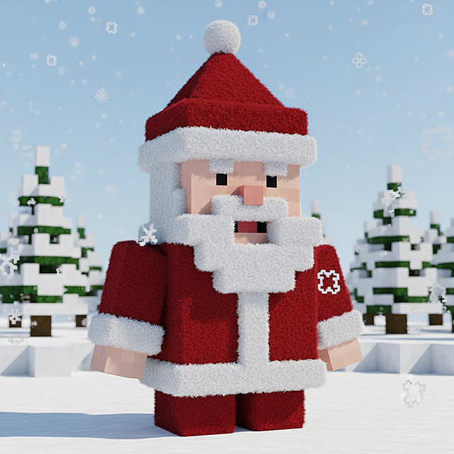 一个我的世界风格的圣诞老人，3D毛绒材质，穿着红色的圣诞服，戴着白色的毛绒帽子，脸上带着微笑，背景是简洁的像素风格雪景