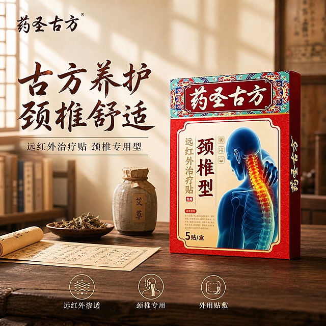 [单张主图] 药圣古方颈椎型远红外治疗贴 高级氛围感主图 第四张 采用真实使用场景型版式 与前三张版式均不同 中式养生氛围感 产品立体真实 突出使用场景

[画面主体] 产品包装盒位于画面右侧偏下 正面朝向观众略向左倾斜5度 呈立体透视摆放 占画面40% 保持产品外观 颜色 结构 文字 Logo与输入产品图完全一致 包装盒有真实厚度和侧面 底部有柔和接触阴影 立体质感强 不悬浮

[构图版式] 采用真实使用场景型版式 左侧35%区域放主标题和副文案 右侧放产品和场景元素 底部放3个线稿图标卖点 整体留白充足 高级有质感 不杂乱

[场景元素] 背景为中式书房/茶室场景 浅米色墙面 左侧有虚化的木质书架和几册古籍 产品放置在深棕色木质桌面上 桌面上搭配一小碟干艾草 一支陶瓷药瓶 一卷泛黄的古药方卷轴作为道具 营造传统中医养生氛围 背景有柔和窗光从左侧照入 窗棂投影落在墙面和桌面上 整体场景真实自然 与产品古方调性高度契合

[文案版式] 左上方主标题用书法艺术字 内容为「古方养护 颈椎舒适」8个字 分两行排列 深棕色 字重适中 有笔锋韵味 是画面第一视觉 主标题下方副文案用细宋体 内容为「远红外治疗贴 颈椎专用型」 字号为主标题的三分之一 底部居中排列3个细线图标加文字 分别是「远红外渗透」「颈椎专用」「外用贴敷」 图标为简约线稿风格 文字为细宋体 左上角放小号「药圣古方」品牌书法字 所有文案克制简洁 言简意赅 不夸大功效 不使用绝对化用语 不涉及疾病治疗承诺

[光影质感] 自然窗光质感 主光从左侧窗户斜射而入 形成柔和的窗棂光影 产品正面受光均匀 右侧和底部有自然渐变阴影 桌面道具各有真实投影 整体光线柔和温暖 浅景深效果 背景虚化 突出产品主体 纸质包装盒质感真实

[配色字体] 主色调米白 深棕 赭石 朱红 暖木色 整体暖调中式养生风 与产品包装红金暖调和谐统一 主标题用毛笔书法艺术字 有古风韵味 品牌名用行书体 辅助文字用细宋体 字体层级分明 主标题最大 卖点文字次之 说明文字最小

[比例分辨率] 1:1 2048x2048 2K分辨率 文字清晰可辨 产品细节清晰

[负向提示词] 产品变形 产品外观改变 颜色偏差 文字模糊 错字 漏字 水印 平台Logo 杂乱背景 多余装饰 悬浮感 夸大功效 绝对化用语 治疗承诺 医疗术语 人物面部 畸形手 与前三张版式重复 现代元素