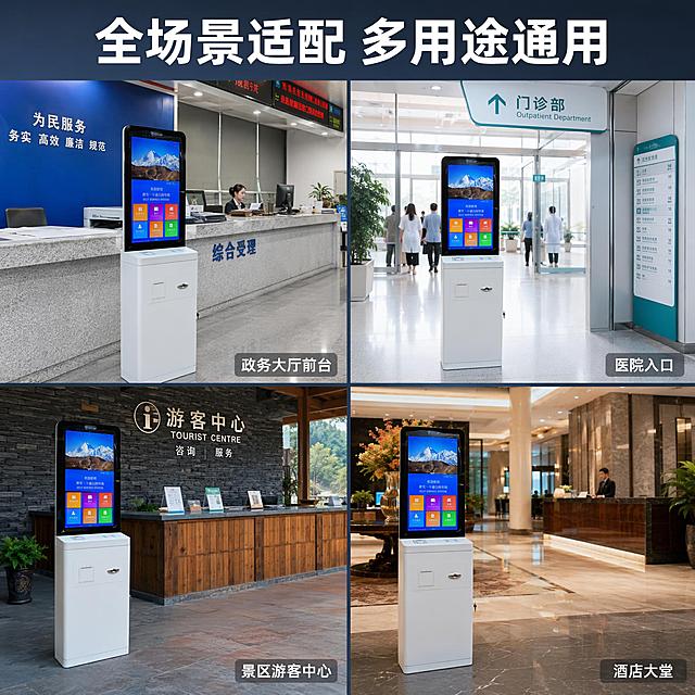 「图片1」生成一个多功能一体机的产品宣传图，以访客机为主体，由你自己生成相应视频背景，在图片内合适位置添加关键词包括尺寸可选21.5，27，32寸，系统可选安卓，Windows，鸿蒙系统，支持以太网，WiFi，4G选配，可选配IC，NFC，身份证，二维码，打印机，循环取卡机。200万双目摄像头，使用场景政务大厅，医院，景区，酒店等多场景。支持设备http和mqtt协议，背景让全世界最好的图片设计师成最符合人脸机的产品背景。大小调成合适，宣传图各比例调成合适。