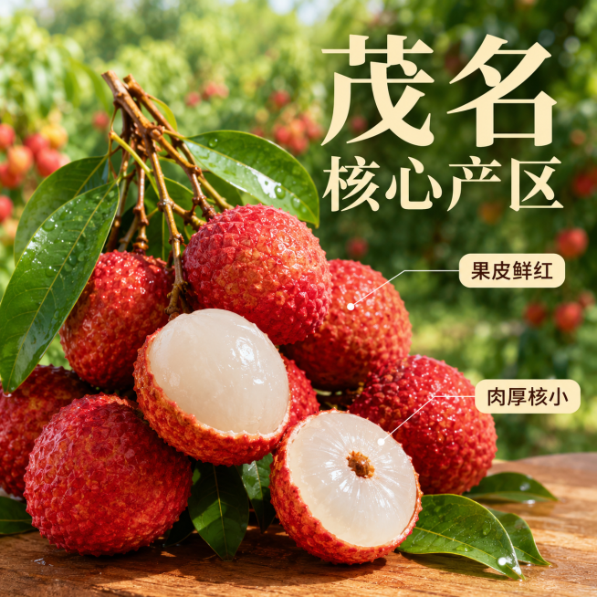 [主图-2] 白糖罂荔枝核心优势展示；
[氛围风格] 产地溯源真实风，延续首图新鲜食欲风格；
[画质] 商业摄影质感、光线柔和通透、荔枝清晰真实、画面干净高级；
[元素] 背景为虚化茂名荔枝园实景，前预览效果