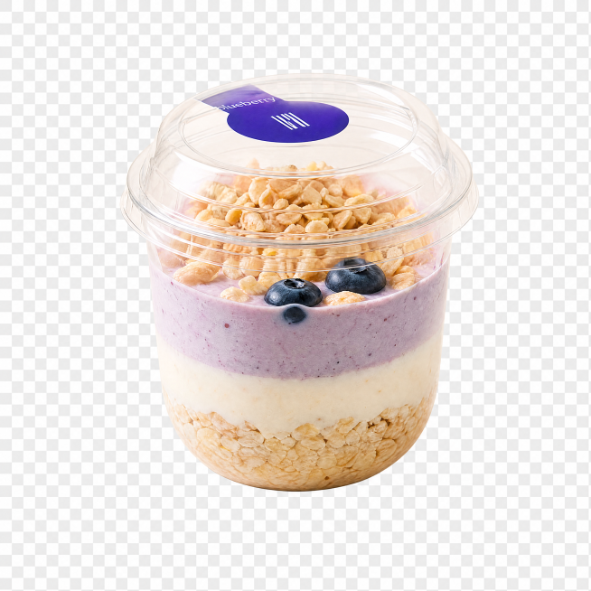 从图中只保留紫色蓝莓口味的杯装产品，去除所有背景和其他物品，生成一张单杯产品透明背景图预览效果