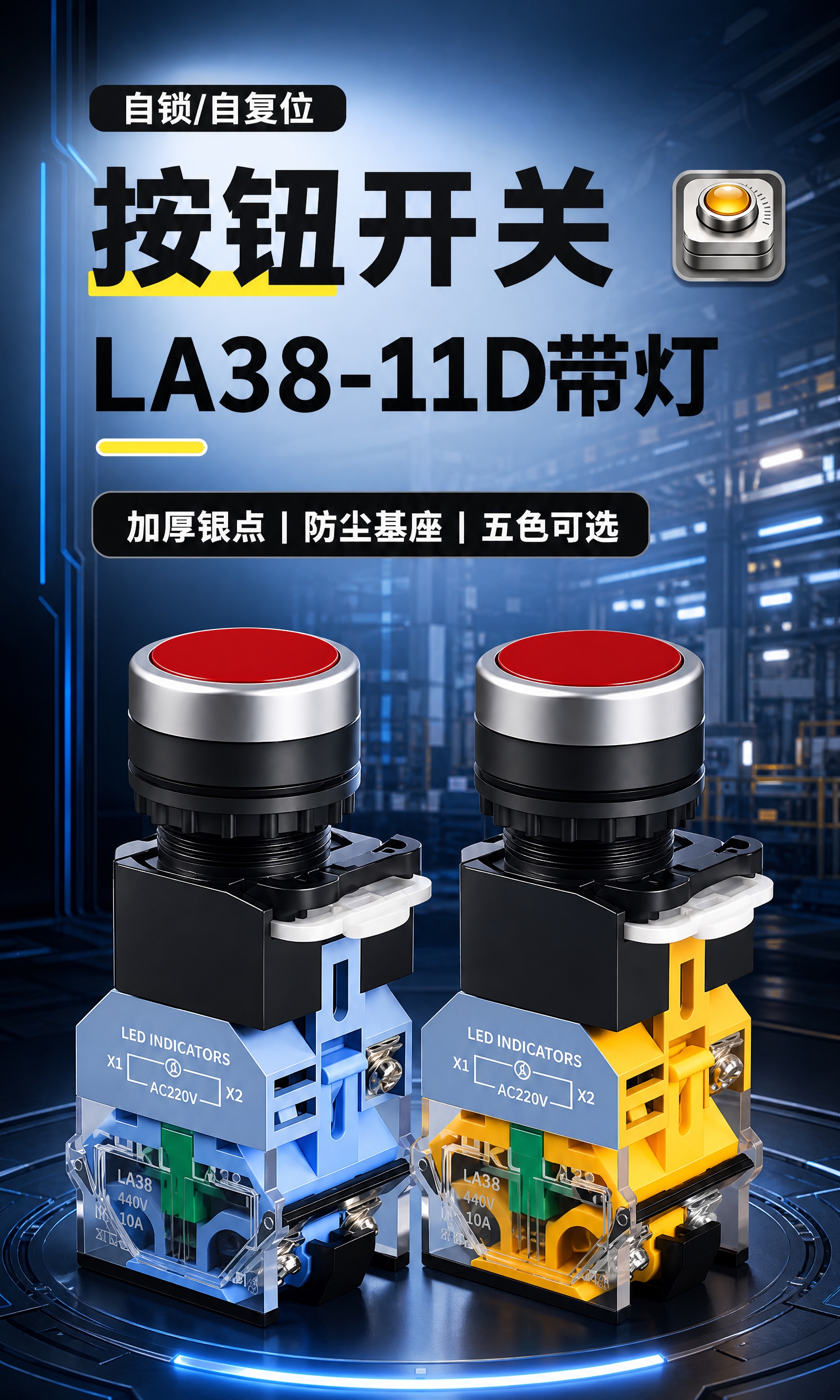 电商详情页头图，LA38-11D带灯按钮开关专业头图，750p… - 图片创意预览
