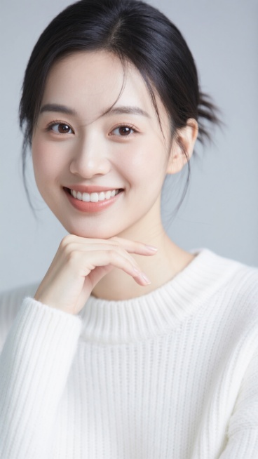 一张年轻女性的人像写真，她有着柔和的面部线条，皮肤白皙细腻，五官精致，眼神明亮有神，嘴角上扬露出自然甜美的微笑。她的头发乌黑顺滑，随意地挽起一部分，露出光洁的额头和优美的颈部线条。她穿着一件纯白色的针织毛衣，质地柔软，领口处有细密的条纹肌理。她的右手轻轻托着下巴，手指纤细修长，指甲修剪得干净整齐。背景是简约的浅灰色，整体画面光线柔和，采用了经典的人像布光方式，人物面部光影过渡自然，立体感强，营……预览效果
