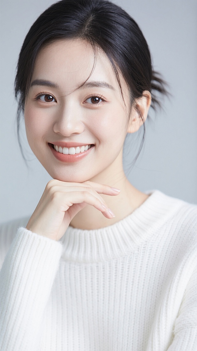 一张年轻女性的人像写真，她有着柔和的面部线条，皮肤白皙细腻，五官精致，眼神明亮有神，嘴角上扬露出自然甜美的微笑。她的头发乌黑顺滑，随意地挽起一部分，露出光洁的额头和优美的颈部线条。她穿着一件纯白色的针织毛衣，质地柔软，领口处有细密的条纹肌理。她的右手轻轻托着下巴，手指纤细修长，指甲修剪得干净整齐。背景是简约的浅灰色，整体画面光线柔和，采用了经典的人像布光方式，人物面部光影过渡自然，立体感强，营造出一种温馨、舒适、优雅的氛围，色调清新淡雅，色彩饱和度适中，整体风格偏向于简约、自然、高级的时尚人像摄影风格，展现出年轻女性的自信与魅力。