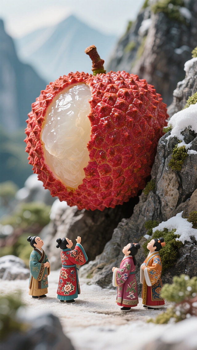 中式古典梦幻，3D微缩艺术风，超现实主义场景，人物仰望巨大荔枝，如油画般细腻。