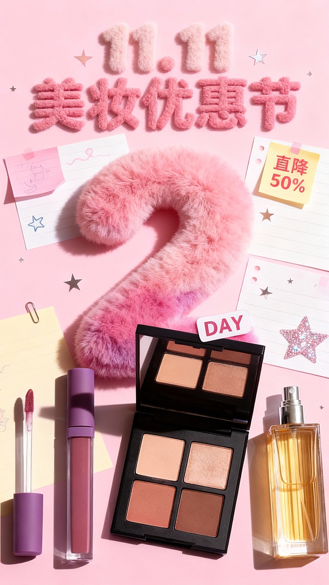 主视觉为一个粉色渐变毛绒材质的“2” ，“DAY”标签位于数字“2”上，商品位于画面右下角，背景是粉色结合便签纸元素，画面上方为毛绒主标题“11.11 美妆优惠节”，背景上有“直降50%”便利贴装饰、小星星和闪粉