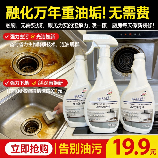 生成300张分别是100张抖音风格100张淘宝风格,100张拼多多风格不同场景的油污净电商主图，价格“19.9元”，比例1:1，文案内容:“融化”万年重油垢！无需费力刷，眼见为实的溶解力, 喷一喷，擦预览效果