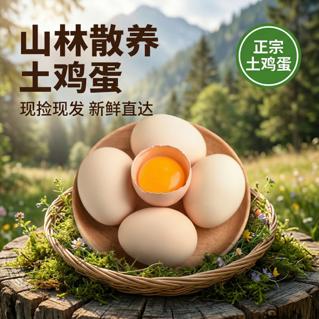 [主图 1 点击率] 主图主题：山林散养土鸡蛋首图，氛围风格：自然山林场景，原生态新鲜质感，食欲感满满的阳光氛围。画面元素：图片中心展示木盘装着多个完整土鸡蛋，其中一个鸡蛋已经打开，露出饱满金黄的蛋黄预览效果