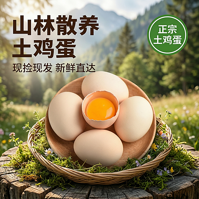 [主图 1 点击率] 主图主题：山林散养土鸡蛋首图，氛围风格：自然山林场景，原生态新鲜质感，食欲感满满的阳光氛围。画面元素：图片中心展示木盘装着多个完整土鸡蛋，其中一个鸡蛋已经打开，露出饱满金黄的蛋黄，背景是朦胧的山林草地和自然树木，温暖阳光透过树叶洒下，形成自然光斑，整体氛围感十足。配色色系：主色调：自然浅绿（山林）、米棕色（鸡蛋）；辅助色：暖黄色（蛋黄）、木棕色（木盘）。视角构图：俯视视角，产品主体占画面60%，景深适中，背景虚化突出主体。文字版式：左上角大字文案 "山林散养 土鸡蛋"，副标题 "现捡现发 新鲜直达"，右上角绿色圆角标签 "正宗土鸡蛋"，字体为无衬线粗体，深棕色。采用左文右图布局，文字悬浮于背景山林留白处，不遮挡鸡蛋主体。比例分辨率：2k 分辨率