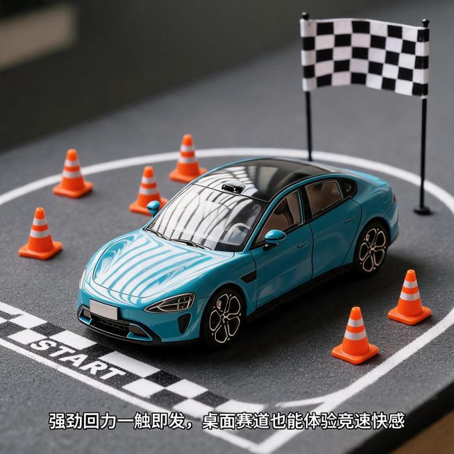蓝绿色1:32合金车模，停放在微缩桌面赛道场景，搭配起点线、迷你路锥和黑白格终点旗模型，侧前方低角度拍摄，镜头从起点线向内推进，车停在赛道起点，周围摆放路锥，营造竞速氛围，不改变车型外观，画面添加艺术预览效果