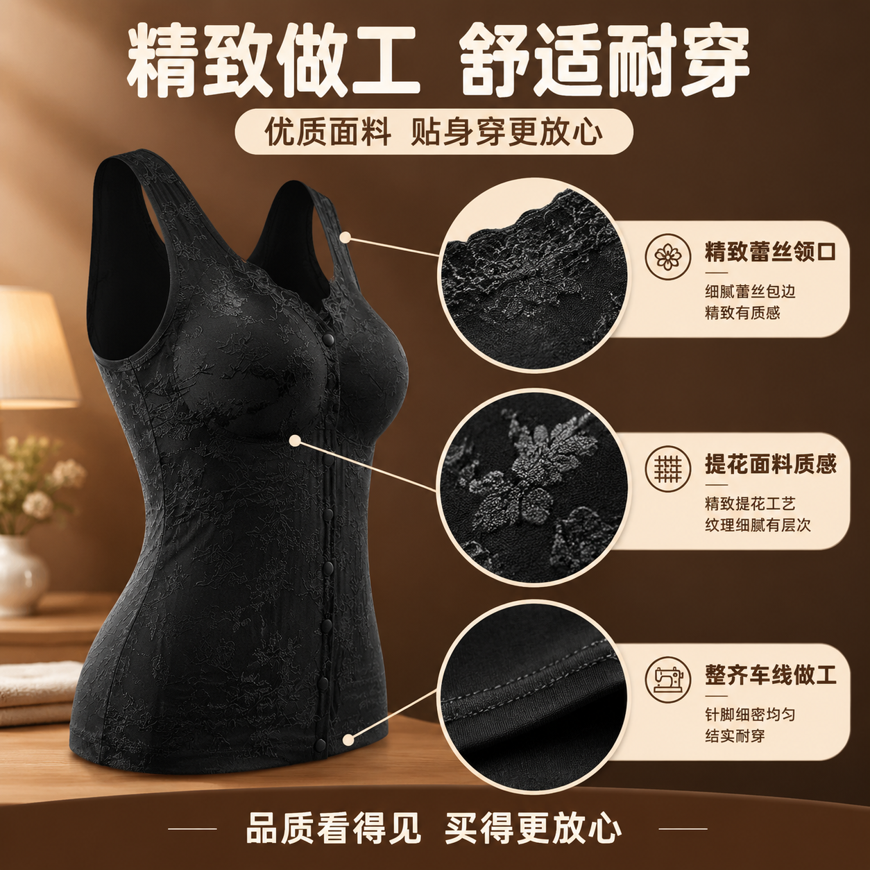 [主图-7] 面料细节品质图，主题为优质面料精致做工，舒适耐穿… - 图片创意预览