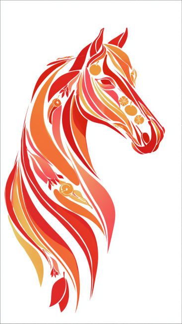 简约扁平矢量风，核心设计： 极简、风格化的马侧影，由曲线和形状构成。
元素融合： 与橘子、鞭炮、中国结等新年图标巧妙结合。
风格与用途： 扁平矢量设计，干净几何，红白金配色，明确适合现代海报、Logo预览效果