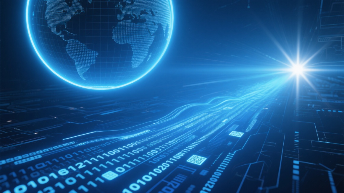 以深蓝色为主色调，融合科技感与未来感的数字背景，画面上方呈现一个半透明的地球轮廓，表面带有细密的网格纹理，地球边缘有明亮的蓝色光线勾勒并向画面左侧延伸出动态的光效和光晕，左侧中部有一个强烈的白色光点作为光源，散发着柔和的光芒和星芒效果。画面下方是由蓝色二进制代码、数字流和数据符号组成的流动线条，呈现出向前延伸的透视感，部分代码带有发光效果。背景中点缀着若隐若现的科技感线条和几何图形，整体风格干……预览效果