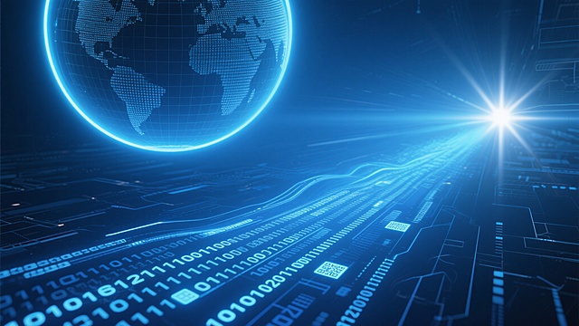 以深蓝色为主色调，融合科技感与未来感的数字背景，画面上方呈现一个半透明的地球轮廓，表面带有细密的网格纹理，地球边缘有明亮的蓝色光线勾勒并向画面左侧延伸出动态的光效和光晕，左侧中部有一个强烈的白色光点作为光源，散发着柔和的光芒和星芒效果。画面下方是由蓝色二进制代码、数字流和数据符号组成的流动线条，呈现出向前延伸的透视感，部分代码带有发光效果。背景中点缀着若隐若现的科技感线条和几何图形，整体风格干净、简洁，光影层次分明，营造出专业、理性且具有信息传播感的氛围，适合作为新闻场景的背景素材使用，没有任何LOGO、电话地址及二维码等元素。