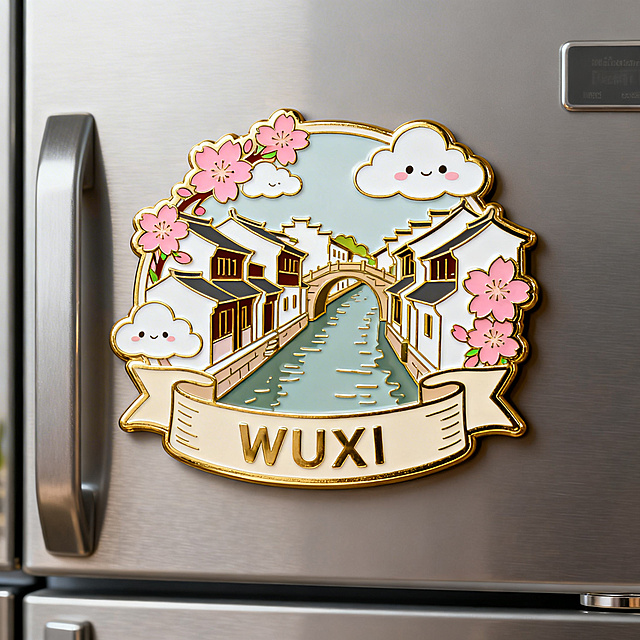 冰箱贴设计，正交视角，金色珐琅材质，带有金线描边，主体内容为江南水乡的清明桥，古镇运河被粉色的樱花和白色云朵环绕，下方有一条丝带横幅，上面写着英文字母"WUXI"，精致细节，流畅线条，清晰边缘，可爱的kawaii风格，简单线条艺术，可爱卡通风格和动漫美学，平面剪贴画，没有阴影，作为模切形状的标志贴纸