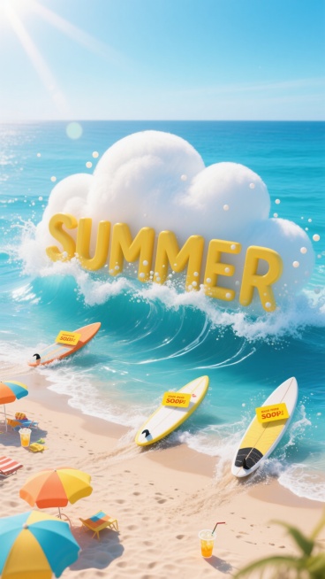 俯视视角，阳光穿透的夏日海滩场景，巨大的立体云朵文字"SUMMER"从碧蓝海水中升起，浪花在字母边缘溅起珍珠般的水珠，三艘载着黄色促销标签的冲浪板从不同角度冲向文字，沙滩上散落着彩色遮阳伞和冰镇饮料杯，远处海平面与渐变蓝的天空相接，整个画面充满动感的波浪线和飞溅的水滴，色调以清爽的天蓝色为主，点缀柠檬黄和珊瑚橙，无任何文字信息。预览效果