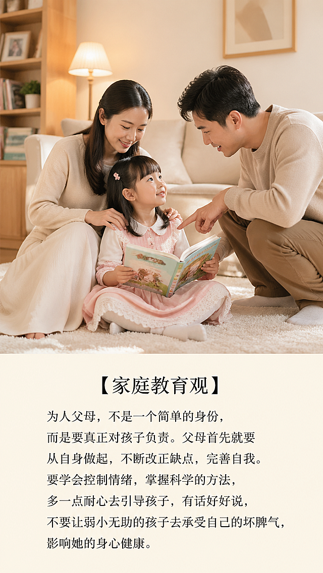 温馨的家庭纪实风格摄影作品，画面中仅包含一对青年中国父母和一名4岁的中国小女孩。场景设定在洒满暖黄色柔光的现代简约客厅地毯上，妈妈坐在地毯上，身体微微前倾，面带温和的笑容，双手轻轻搭在小女孩的肩膀旁；爸爸蹲下身与小女孩保持视线平齐，眼神充满耐心，正指着小女孩手中的绘本轻声讲解；小女孩穿着粉白色连衣裙，仰头看着爸爸，脸上带着安心的笑意。使用50mm f/1.4定焦镜头拍摄，采用自然光结合暖光台灯补光，画面构图居中，色彩以柔和的米白、浅棕、淡粉为主，整体氛围传递出平和、耐心、充满爱意的家庭教育场景，完全契合“父母控制情绪、科学引导、耐心沟通”的家庭教育理念。在画面下方的留白区域，以清晰工整的宋体字体排版书写以下中文文字：
"【家庭教育观】
为人父母，不是一个简单的身份，而是要真正对孩子负责。父母首先就要从自身做起，不断改正缺点，完善自我。要学会控制情绪，掌握科学的方法，多一点耐心去引导孩子，有话好好说，不要让弱小无助的孩子去承受自己的坏脾气，影响她的身心健康。"