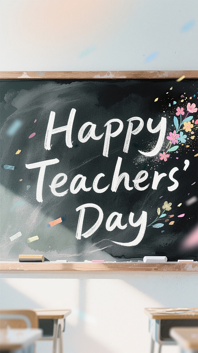 水彩风黑板插画，清新文艺大字设计，教师节温馨祝福。