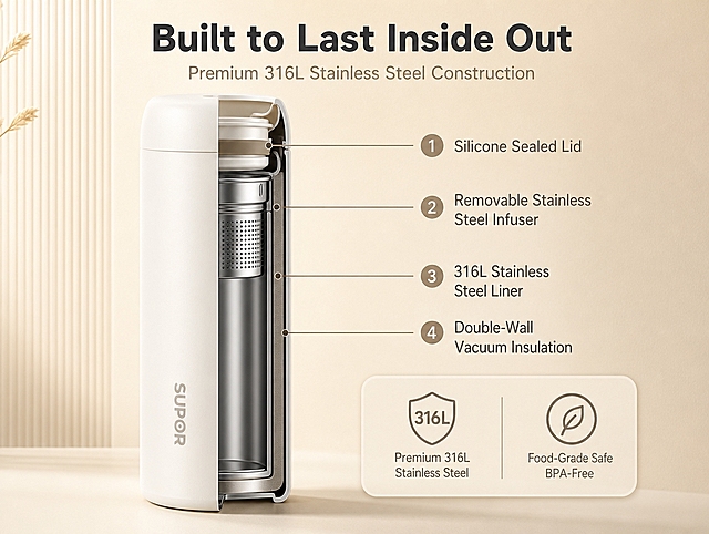 [商品] 使用【图1】SUPOR 苏泊尔奶昔白保温杯 380mL；保留杯身造型、奶白色外观、SUPOR Logo、整体比例；本页做纵向半剖面展示内部结构，外部保留原貌，内部展示 316L 不锈钢内胆、双层真空层、可拆卸不锈钢茶滤、密封硅胶圈；茶滤为升级可拆卸不锈钢材质，带细密滤孔。
[画面] 页面目标：结构解析，讲清内部构造与材质优势。构图：产品居中偏左做半剖面展示，右侧信息卡分点说明；产品占画面约 55%。景别：中景带局部放大。阅读动线：从产品剖面 → 右侧引线标注 → 下方信息卡。前中后景：前景产品剖面、中景引线与图标、后景暖米杏渐变背景带细微纹理。
[视觉] 套系策略：风格=跨境极简高级商业摄影；标题字=现代无衬线粗体；正文字=简洁无衬线体；主色=奶白+暖米杏；背景延展=基于暖米杏做深浅层级、同色渐变和细腻肌理质感；强调色=浅灰棕，仅用于小面积图标、引线和标签；标题色=深炭灰；正文色=中暖灰；组件=圆角浅底信息卡、细线引线、编号圆点；光影=左前侧暖柔光，剖面内部清晰可见结构层次。
[文字] 顶部主标题 "Built to Last Inside Out"，副标题 "Premium 316L Stainless Steel Construction"；从剖面引出 4 条细线标注："316L Stainless Steel Liner"、"Double-Wall Vacuum Insulation"、"Removable Stainless Steel Infuser"、"Silicone Sealed Lid"；右下角信息卡补充 "Food-Grade Safe / BPA-Free"；所有文字横排，不遮挡产品主体。
[规格] 亚马逊高级A+移动端 4:3 横版比例，分辨率 4K，负向提示：避免变形、错字、文字过小、冷蓝/蓝灰背景、剖面结构失真、Logo 错误、纯白底。