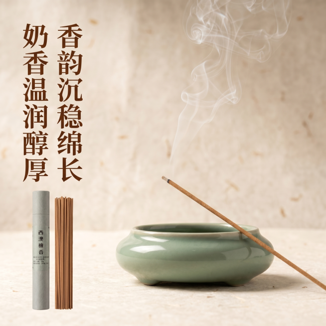 [主图-2] 西澳檀香核心卖点展示，奶香温润醇厚香韵沉稳绵长卖点可视化。
[氛围风格] 温润静谧质感，中式雅致生活氛围；
[画质] 商业摄影质感，光线柔和通透，产品清晰真实，画面干净高级。
[元素]预览效果