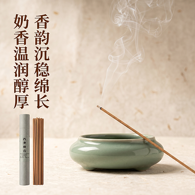 [主图-2] 西澳檀香核心卖点展示，奶香温润醇厚香韵沉稳绵长卖点可视化。
[氛围风格] 温润静谧质感，中式雅致生活氛围；
[画质] 商业摄影质感，光线柔和通透，产品清晰真实，画面干净高级。
[元素] 点燃一根西澳檀香斜放在青瓷香炉中，轻烟袅袅向上飘散，背景是浅素宣纸纹理，左侧主体展示原包装产品和整束线香。保持西澳檀香包装、线香外观质感颜色与原图一致，杜绝变形色差。商品主体占比约70%，画面满屏无边框。
[光影] 前侧柔和暖光，轻烟半透明层次清晰，暖光凸显木质香材温润质感，背景宣纸纹理柔和不抢主体。
[配色] 主色：宣纸米白、香浅棕；辅色：青瓷天青，整体温润低饱和，干净通透。
[视角构图] 平视中心构图，主体突出，景深适中。
[文字版式] 左侧垂直排列卖点文字：大字主标题“奶香温润醇厚”深棕色，换行“香韵沉稳绵长”字体稍小，右侧展示产品和点燃香薰场景，文字不遮挡主体。文字深棕与浅背景对比清晰，左对齐留安全边距。
[比例分辨率] 1:1比例，2k分辨率；文字清晰锐利，画面超高清。
[负向提示词] 变形，水印，文字错乱，产品图模糊，背景杂乱，烟雾浑浊，配色刺眼。
