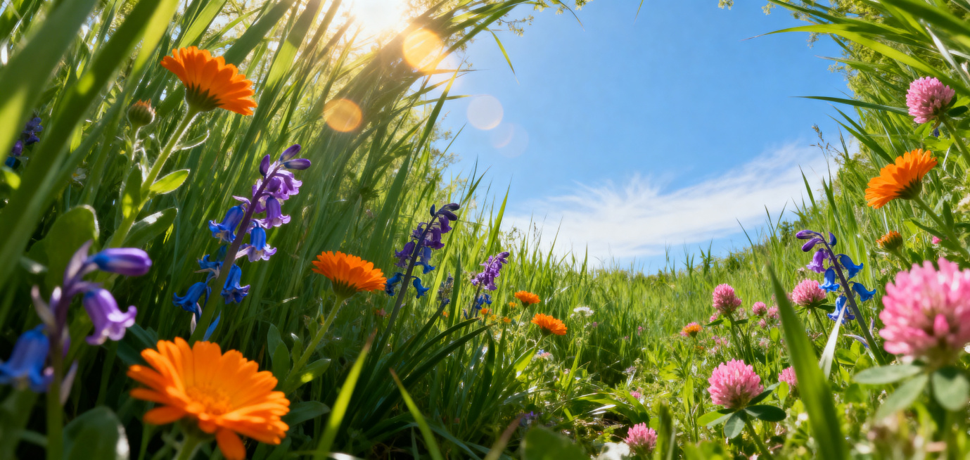Wide horizontal banner, Anker e-commerce style, spring outdoor scene, ant's-eye view, ground-level i预览效果