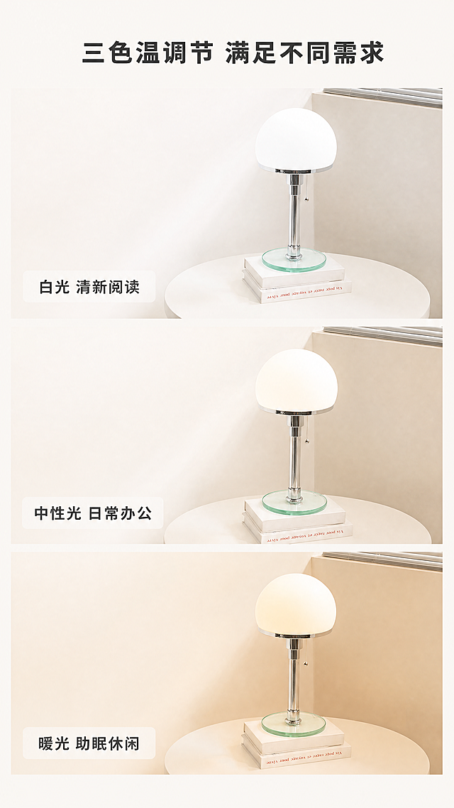 [第5屏] 功能展示-三色变光效果展示。
[氛围/风格] 对比展示，清晰直观，温馨家居质感。
[元素布局] 使用图4作为产品主体，保持产品外观结构不变。页面纵向分为三部分，从上到下分别展示白光、中性光、暖光三种不同色温效果，每个效果占三分之一，都包含产品主体和文字标注。保持台灯整体造型不变，仅改变灯光颜色，三种效果清晰区分，不重叠，每个部分都有背景留白。
[光影质感] 每种灯光效果都自然真实，白光清透、中性光柔和、暖光温馨，过渡自然，产品结构保持清晰不变形。
[配色色系] 背景均使用#f9f6f2（奶油浅米色）全局统一底色，文字标注使用深灰色，延续整体配色风格。
[视角构图] 纵向三栏排版，每张产品图比例一致，对齐工整，符合9:16竖屏阅读。
[文字版式] 顶部主标题「三色温调节 满足不同需求」加粗居中；每个灯光区块左下角标注色温名称：「白光 清新阅读」「中性光 日常办公」「暖光 助眠休闲」，浅色半透明底衬，文字清晰不遮挡产品主体。
[比例分辨率] 9:16竖版比例，4K分辨率，文字清晰可辨。
[负向提示词] 产品变形，结构错误，颜色混乱，文字模糊，水印，拼接错位