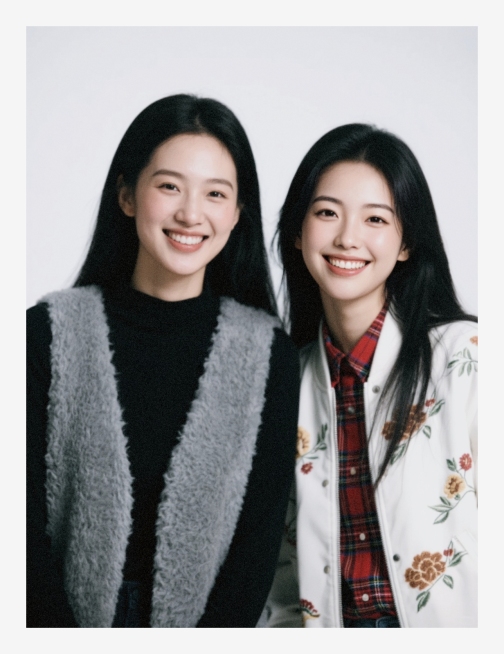 两个女生，白色背景，加强明暗对比，强曝光低饱和预览效果