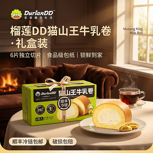 [单张主图] 榴莲DD猫山王牛乳卷礼盒装，高级氛围感美食主图，打造生活方式场景，突出产品品质与食欲感。
[画面主体] 前景摆放榴莲DD绿色包装盒礼盒，礼盒丝带上添加虚化的"顺丰冷链"贴纸，一片牛乳卷切开放在白色陶瓷盘上展示饱满内馅，旁边放置几颗猫山王榴莲核作为天然装饰。保持榴莲DD猫山王牛乳卷礼盒外观、品牌Logo、配色、文字信息与输入产品图绝对一致，杜绝任何变形和色差，精细化处理。商品主体占画面约50%，居中稳定摆放。
[构图版式] 左文右物场景型高级氛围感版式，左侧留白放置文案，右侧主体产品场景，整体简洁高级，文字不遮挡主体。
[场景元素] 背景为高度虚化的高端家居下午茶场景，远处有温暖的壁炉，深棕色丝绒沙发，窗边放一杯冒着热气的红茶，阳光从窗户斜射进来，形成柔和光影。背景虚化，突出前景产品主体，生活方式氛围浓郁。
[文案版式] 左上角安全区放置提取的"DurianDD 榴莲DD"品牌Logo，保持字形和配色不变。左侧留白区域从上到下排版：
"榴莲DD猫山王牛乳卷 · 礼盒装" 大字主标题，粗体；
"6片独立切片 | 食品级包纸 | 锁鲜到家" 小字副标题，字号约为主标题三分之一；
底部左右分置两个圆角标签：左标签"顺丰冷链包邮"，右标签"破损包赔"，深色底浅色字，清晰对比。
主标题右侧添加小字英文"Musang King Milk Roll"作为装饰。
所有文字左对齐，保留安全边距，不遮挡产品主体。
[光影质感] 斜射自然暖阳主光从窗户进来，勾勒产品轮廓，产品表面柔和高光，背景虚化浅景深，形成电影感光影氛围，整体通透有食欲，商业摄影质感，产品清晰真实，画面干净高级。
[配色字体] 主色调暖黄、深棕、奶油白，提取产品自然配色，整体温暖治愈，符合下午茶生活方式调性。字体主标题选用轻无衬线粗体，副标题字重偏轻，字色与背景形成清晰反差，排版层级分明。
[比例分辨率] 1:1 比例，2k 分辨率，文字清晰可辨，画面超高清。
[负向提示词] 变形，水印，文字错乱，产品图模糊，背景杂乱，主体遮挡，错字，伪Logo，低清晰度，错误结构