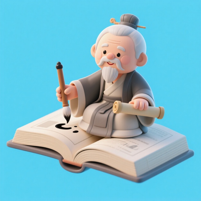 半空中，中国古代圣贤老夫子盘坐在巨大的书籍上，手上拿着毛笔和卷轴，淡蓝色背景预览效果