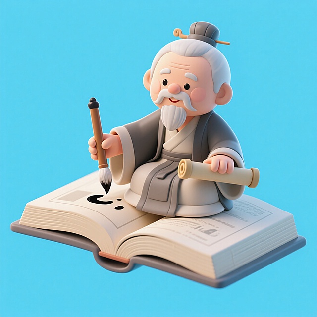 半空中，中国古代圣贤老夫子盘坐在巨大的书籍上，手上拿着毛笔和卷轴，淡蓝色背景