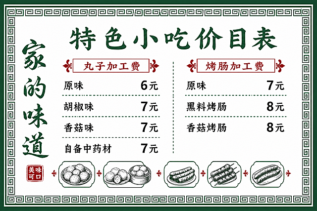 修改这张价目表图片，在下方装饰插图位置替换添加丸子和烤肠的实物示意图，保持原有中式价目表的整体风格、文字内容和边框不变