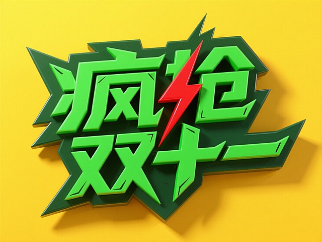 3D尖锐的字体设计，绿色“疯抢双十一”，红色闪电嵌入文字，双层字效结构。黄色背景