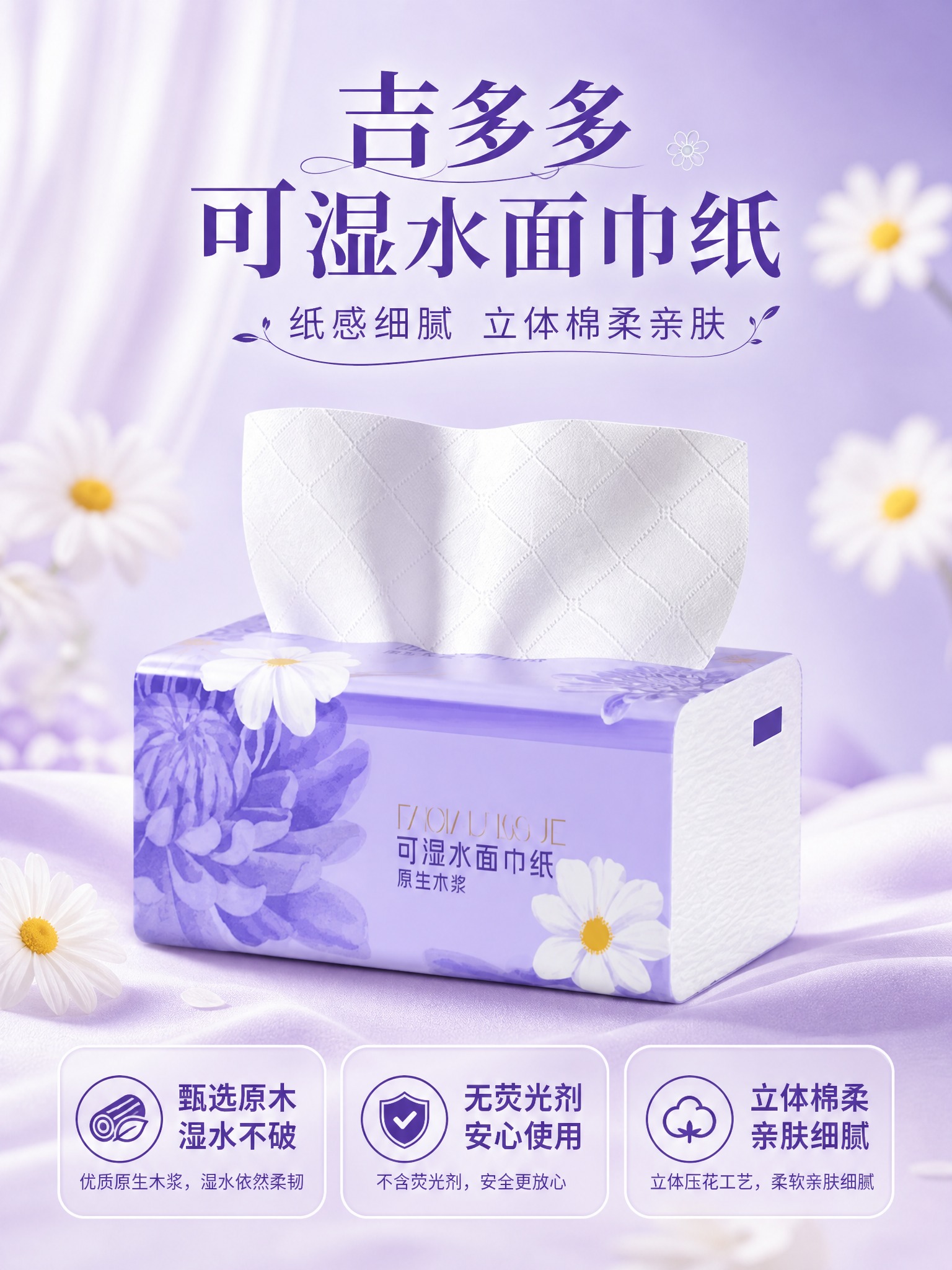 吉多多可湿水面巾纸商品营销海报，整体淡紫色浅色系风格，体现柔软… - 图片创意预览
