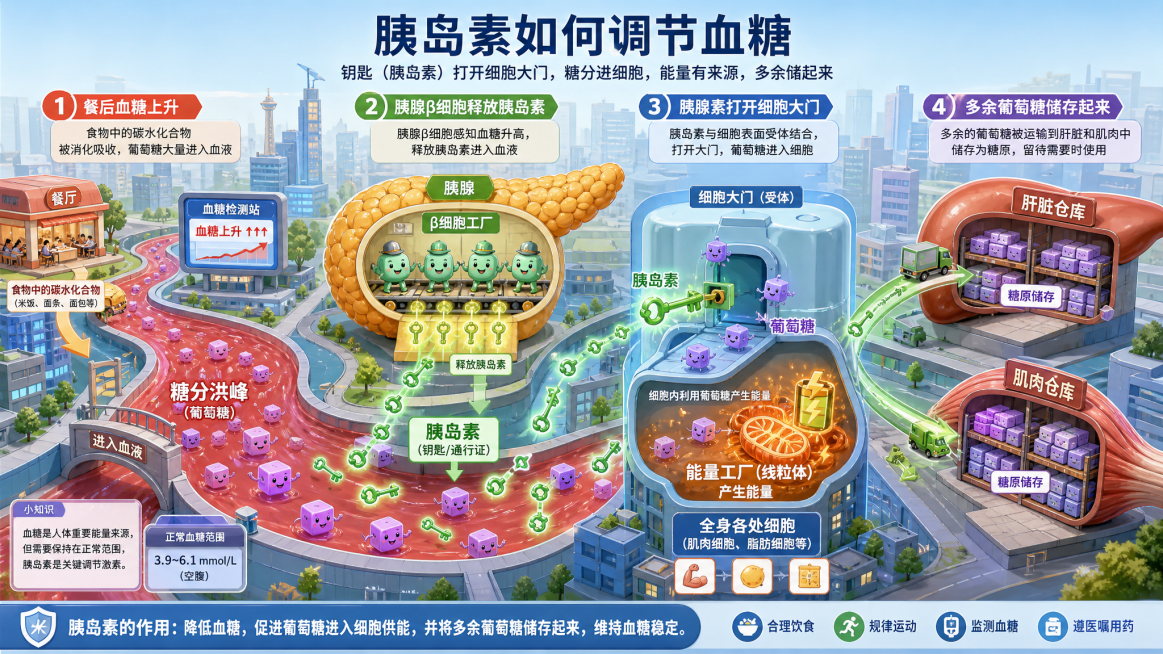 医疗科普插画，横版，主题为胰岛素调节血糖的过程：将血糖上升比作城市迎来"糖分洪峰"，β细胞释放胰岛素给全身细胞开门，让葡萄糖进入细胞供能，多余糖送到肝脏和肌肉储存，风格清晰易懂，专业科普风预览效果
