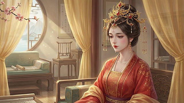 三国的貂蝉，近景特写侧面，一位身着华丽红金渐变汉服的古代美人，头戴镶嵌红宝石与金饰的精致发冠，发间垂落着流苏步摇，妆容温婉，眉眼低垂，红唇微抿。背景是带有古代房间，金色纱帘，背景偏写实风格，画风为古风细腻写实，色彩柔和雅致