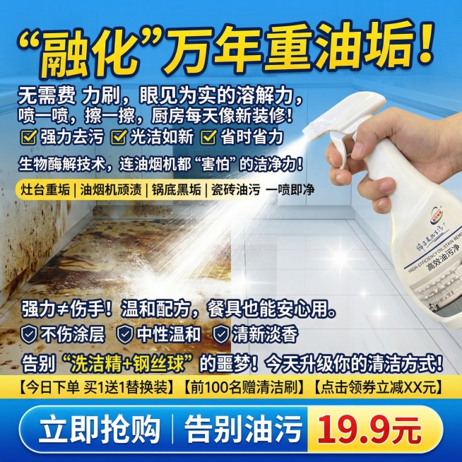 生成300张分别是100张抖音风格100张淘宝风格,100张拼多多风格不同场景的油污净电商主图，价格“19.9元”，比例1:1，文案内容:“融化”万年重油垢！无需费力刷，眼见为实的溶解力, 喷一喷，擦预览效果
