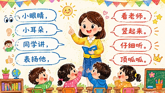 蜡笔手绘风格PPT页面，课堂口令师生互动对话，左边蓝色气泡写老师的话："小眼睛，""小耳朵，""同学讲，""表扬他，"，右边红色气泡写小朋友的话："看老师。""竖起来。""仔细听。""顶呱呱。"，画面有可爱的老师和小朋友卡通形象，蜡笔质感，色彩明亮温暖