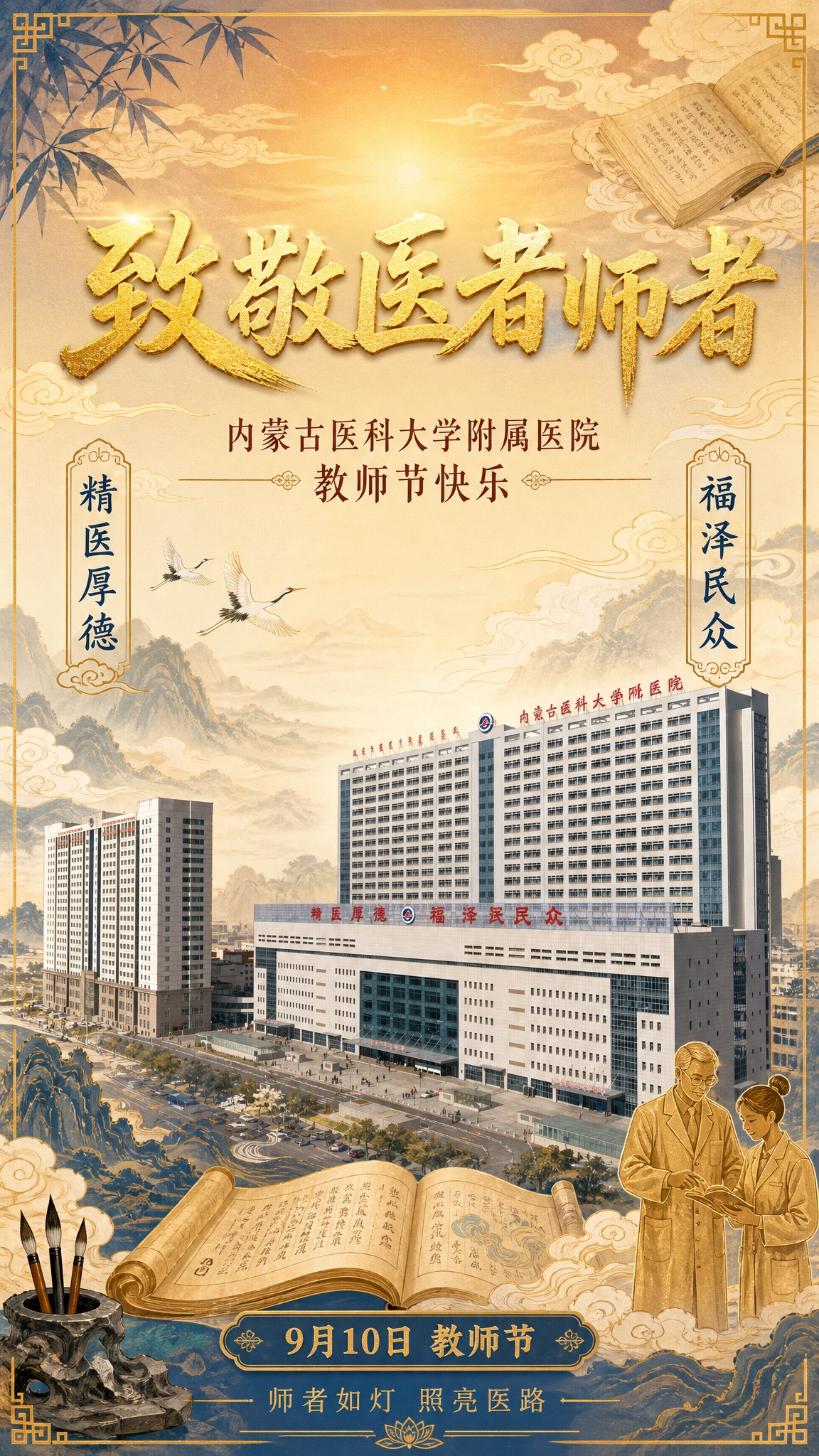 以图中内蒙古医科大学附属医院建筑为主体，制作一张教师节主题海报… - 图片创意预览