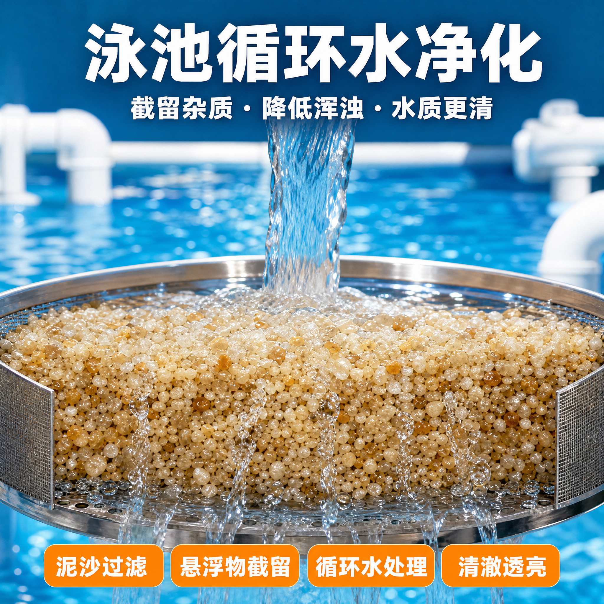 [主图-3] 泳池循环水净化场景图，展示石英砂过滤效果，突出黄… - 图片创意预览