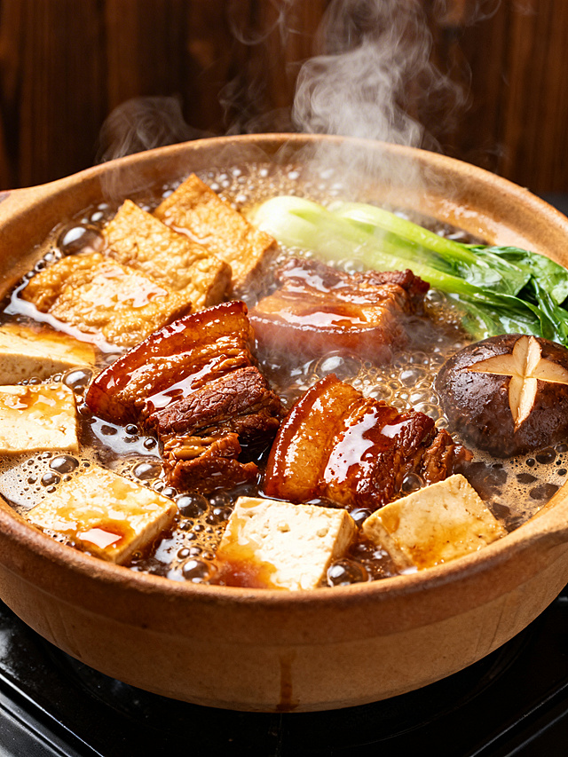 热气腾腾的家常砂锅菜，砂锅里盛满丰富食材，汤汁咕嘟冒泡升腾着白色热气，色泽浓郁诱人，搭配深色质感背景，呈现出浓郁的美食诱惑氛围，真实美食摄影风格，光线柔和有质感