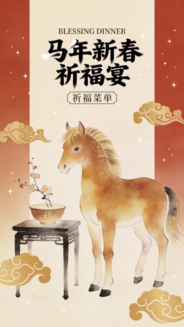 这张马年新春祈福宴运营海报采用水彩晕染 + 轻国风祈福风格，是庄重温馨与新春祈福氛围的融合设计。
主体围绕金棕渐变小马展开：小马以水彩晕染呈现，鬃毛带细碎金闪，立于新春祈福宴桌旁，身旁搭配福碗、腊梅枝预览效果