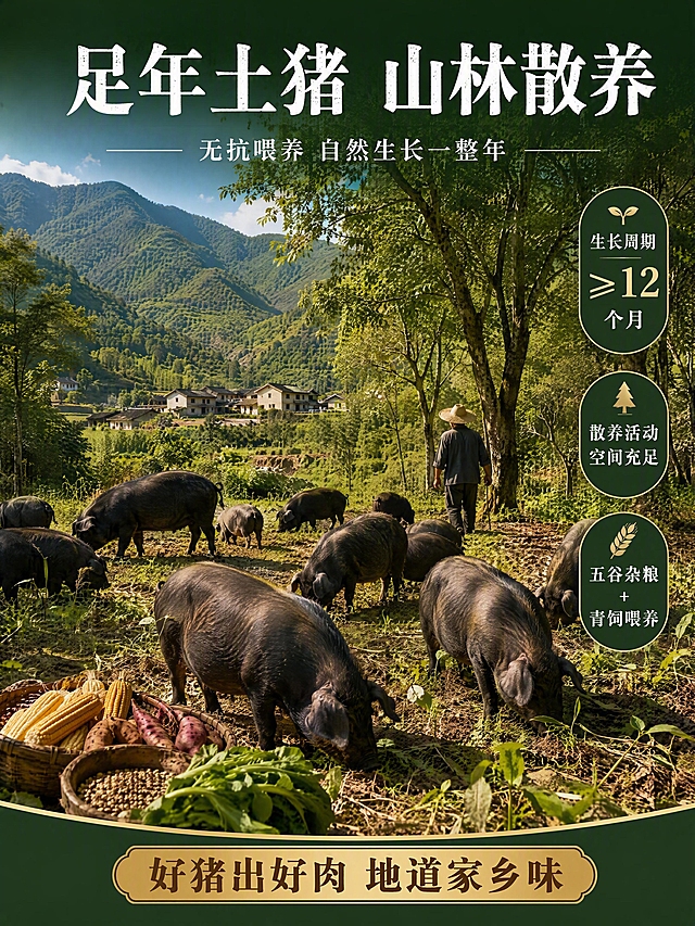 [第2张] 产地与原料专张-足年土猪无抗散养环境展示。本张为产地图文页，不使用产品图作为主体垫图。
[氛围/风格] 自然原生态+乡村田园质感，真实摄影风格，温暖自然光。
[元素布局] 画面主视觉为山林散养的黑土猪群，占画面约60%，土猪在青草地、橡树林间自由觅食；远景为连绵青山和农家村落；中景有农夫背影照看猪群；前景点缀玉米、红薯、野菜等天然饲料；整体画面开阔有生机。
[光影质感] 上午自然柔光，从左上方洒下，地面斑驳树影，土猪毛发和皮肤质感真实，层次分明。
[配色色系] 全局底色#2D4A2E深森林绿；主色自然绿+土黄；辅助色蓝天、棕土色。
[视角构图] 广角平视略带俯视，场景纵深感强，阅读动线顶部标题→中部场景→底部信息栏。
[文字版式] 顶部大标题「足年土猪 山林散养」，白色粗宋体；副标题「无抗喂养 自然生长一整年」，白色细宋体；画面右侧竖排三个信息块「生长周期≥12个月」「散养活动空间充足」「五谷杂粮+青饲喂养」；底部金色横条标注「好猪出好肉 地道家乡味」；文字清晰可读，不遮挡主体场景。
[比例分辨率] 3:4竖版比例，4K分辨率，文字清晰可辨，高清画质。
[负向提示词] 土猪形态怪异，场景虚假，文字错乱，水印，颜色偏差，画面模糊，人物面部不清。