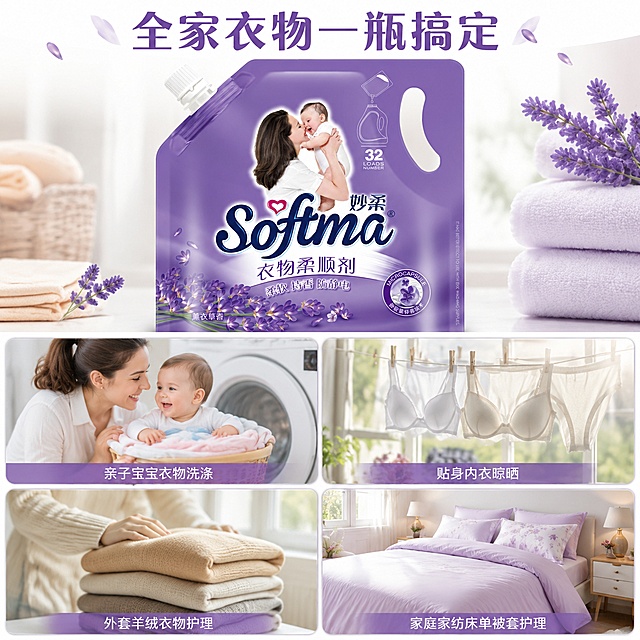 [主图-4] 妙柔薰衣草衣物柔顺剂多场景适用宫格展示图。
[氛围风格] 生活化亲切感，多场景展示产品适配性。
[画质] 高清商业摄影，真实自然，细节清晰。
[元素] 产品主体位于画面上半部分居中，下半部分分为四个宫格，分别展示不同使用场景：1. 亲子宝宝衣物洗涤，2. 贴身内衣晾晒，3. 外套羊绒衣物护理，4. 家庭家纺床单被套护理。保持产品外观、物理结构、材质质感、颜色与输入产品图绝对一致，杜绝任何变形和色差，精细化处理。宫格场景光影和整体统一，每个场景标注场景名称。
[光影] 整体自然明亮光照，每个小场景光影自然，整体和谐统一。
[配色] 整体干净浅底色，每个场景自然配色，突出产品薰衣草紫色。
[视角构图] 产品上半部分展示，下半部分宫格分镜，版式清晰不拥挤。
[文字版式] 上方主标题："全家衣物一瓶搞定"，底部每个宫格标注对应场景名称，文字小而清晰，不遮挡场景内容。
[比例分辨率] 1:1 比例，4k 分辨率；文字清晰锐利，超高清。
[负向提示词] 变形，文字错乱，产品图模糊，背景杂乱，水印，电商平台Logo，绝对化违禁词。