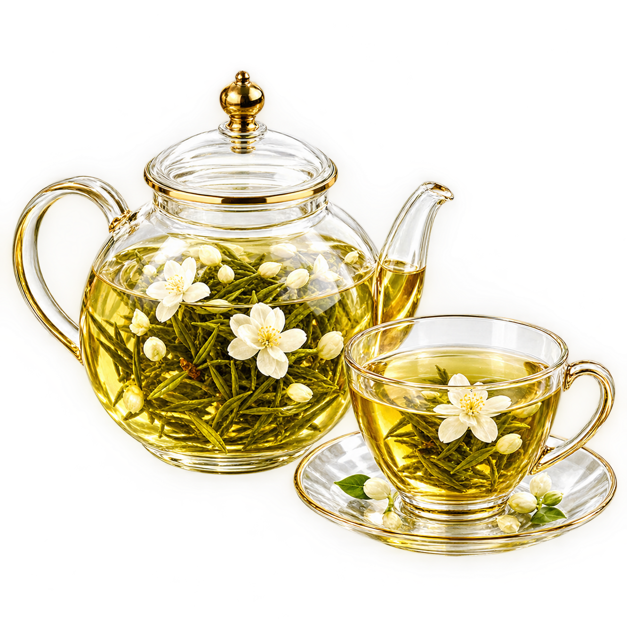 提取玻璃茶壶和茶杯套装素材，透明玻璃茶壶内装有茉莉花茶和漂浮的… - 图片创意预览