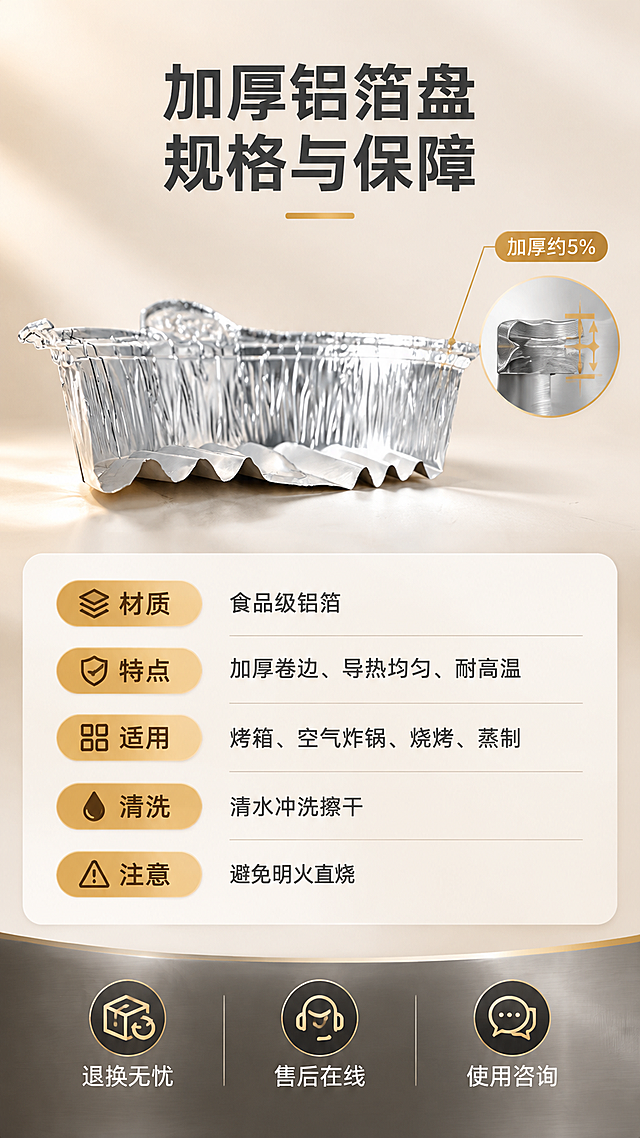 [商品] 使用【图2】侧视标准照：保留矩形轮廓、波浪筋壁、卷边、底部波纹与银灰铝箔材质，不改变产品图形；厚度视觉增加约5%，金属光泽。
[画面] 页面目标=规格与保障。构图=上下分栏：上栏产品标准照悬浮于浅米色背景，侧旁小尺寸横截面示意展示厚度；下栏圆角参数信息卡（材质：食品级铝箔；特点：加厚卷边、导热均匀、耐高温；适用：烤箱、空气炸锅、烧烤、蒸制；清洗：清水冲洗擦干；注意：避免明火直烧），底部横排3个服务图标“退换无忧”“售后在线”“使用咨询”；产品占画面50%，中景，阅读动线自上而下。
[视觉] 套系策略：风格=高级感商业产品摄影×3D剖面示意；标题字=现代无衬线粗黑体；正文字=简洁无衬线黑体；主色=金属银；背景延展=浅米色/暖白渐变与深灰金属质感面板交替，页面间深浅变化；强调色=琥珀金，仅用于厚度标注、引线、小标签与金属光效；标题色=深炭灰；正文色=中暖灰；组件=细线引线、圆角浅色信息卡、剖面标注框、编号卡；光影=左前侧暖柔光，盘面金属高光与轻辉光。
[文字] 主标题“加厚铝箔盘 规格与保障”，参数卡每行短标签；所有文字仅横向排版，文字清晰可读。
[规格] 9:16竖版，4K分辨率，避免：变形、错字、文字过小、竖排或旋转文字、虚构精确参数数值、冷蓝背景、改变产品形状、平台Logo与水印。