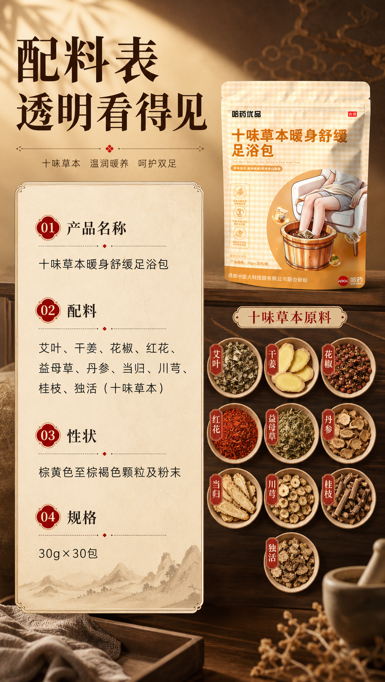 [商品] 使用【图1】哈药优品十味草本暖身舒缓足浴包包装袋；保… - 图片创意预览